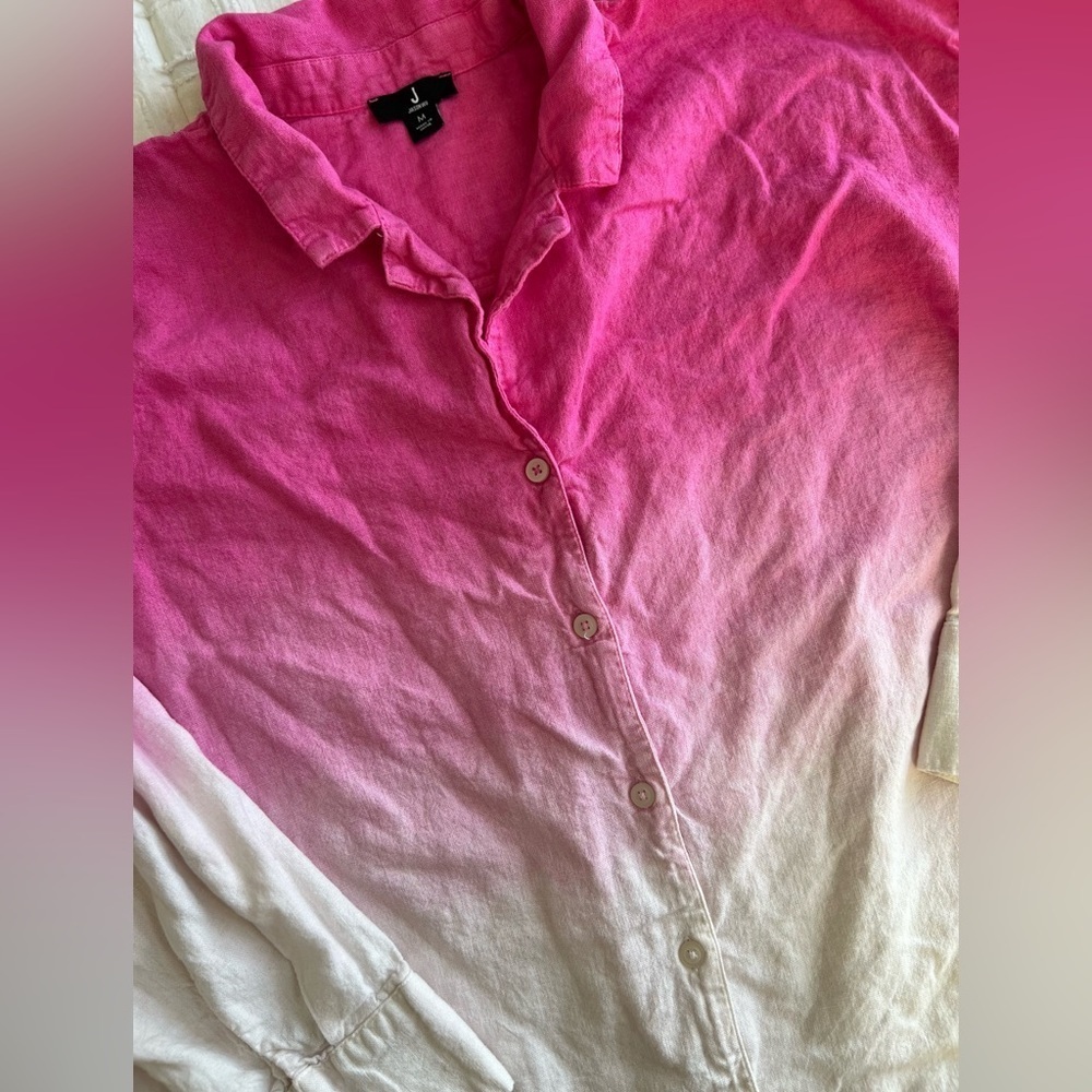 Jason Wu Linen Blend Button Up Long Sleeve Top Ombré Pink & White Size Medium